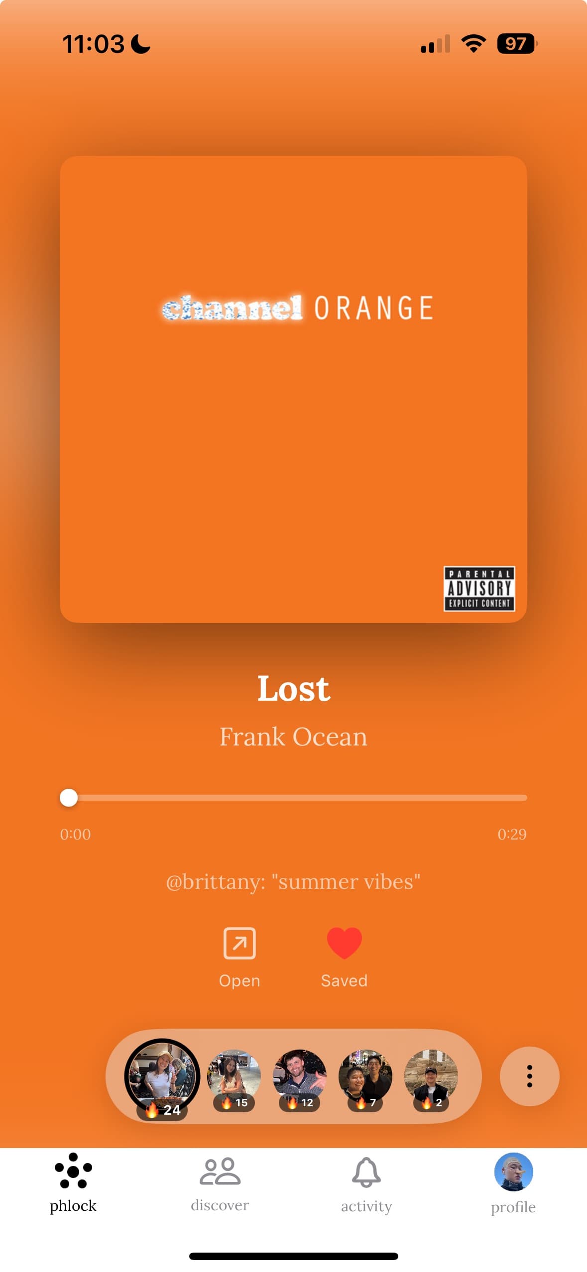 Daily feed showing 5 songs from your phlock