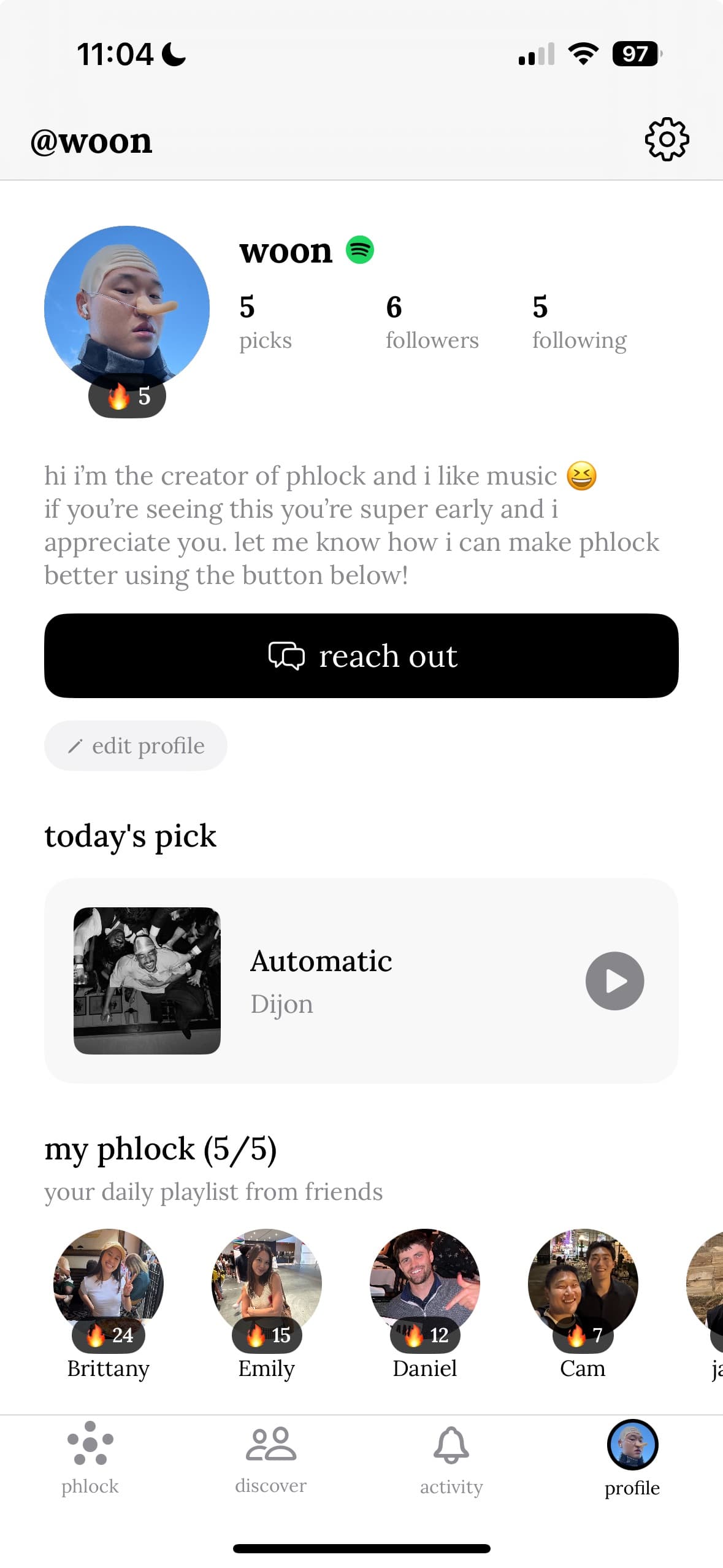 Profile with streak badge and stats